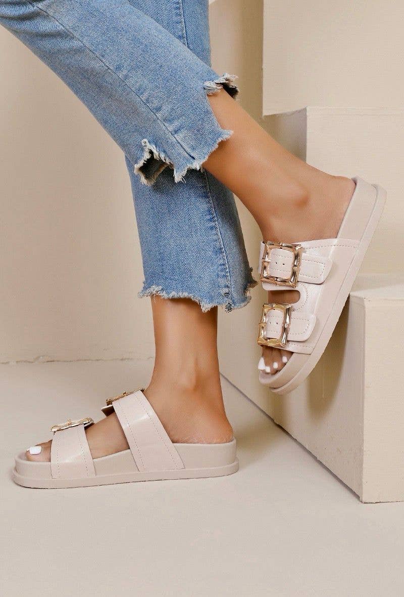 SLIP ON CHUNKY GOLD DETAILED BUCKLED DOUBLE STRAP SLIDERS
