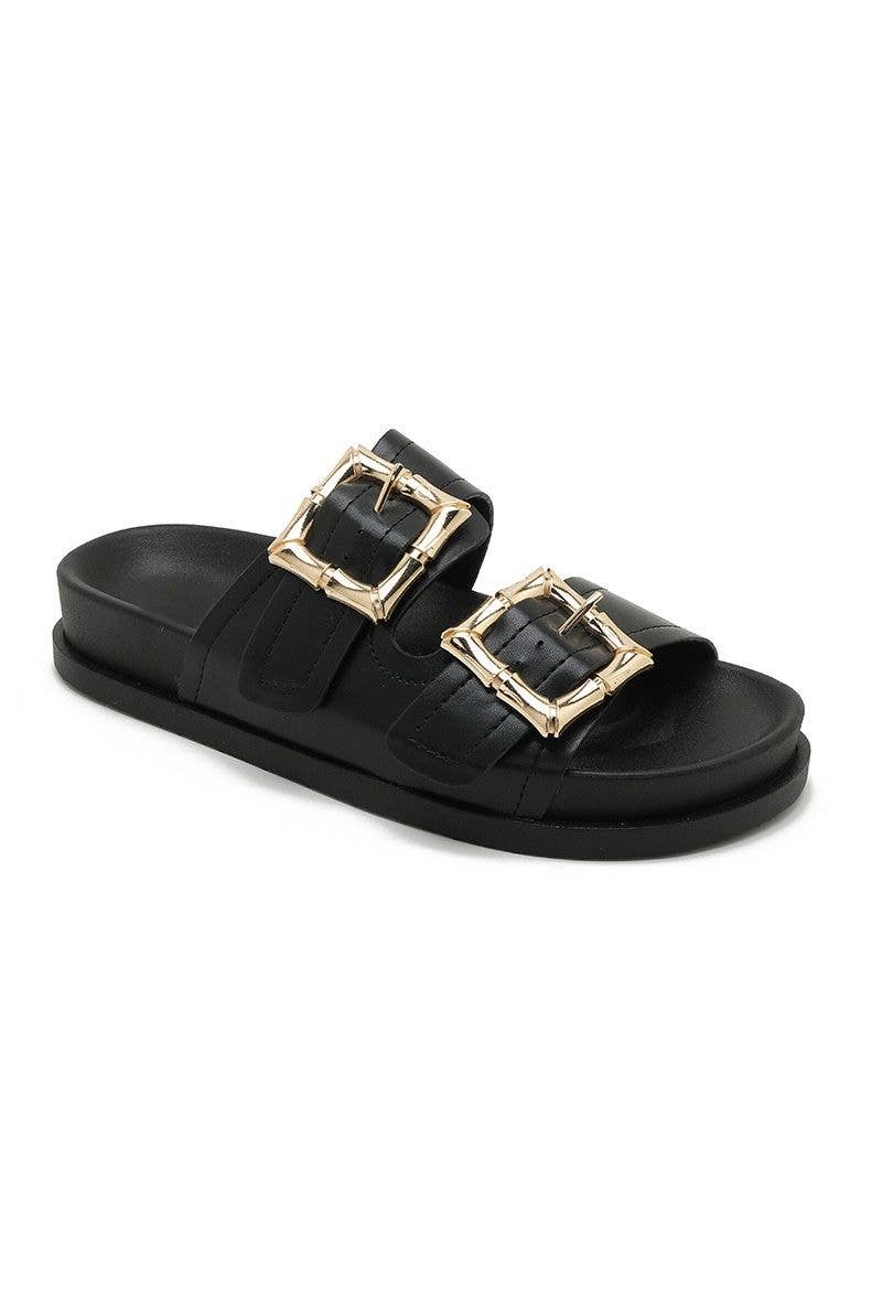 SLIP ON CHUNKY GOLD DETAILED BUCKLED DOUBLE STRAP SLIDERS