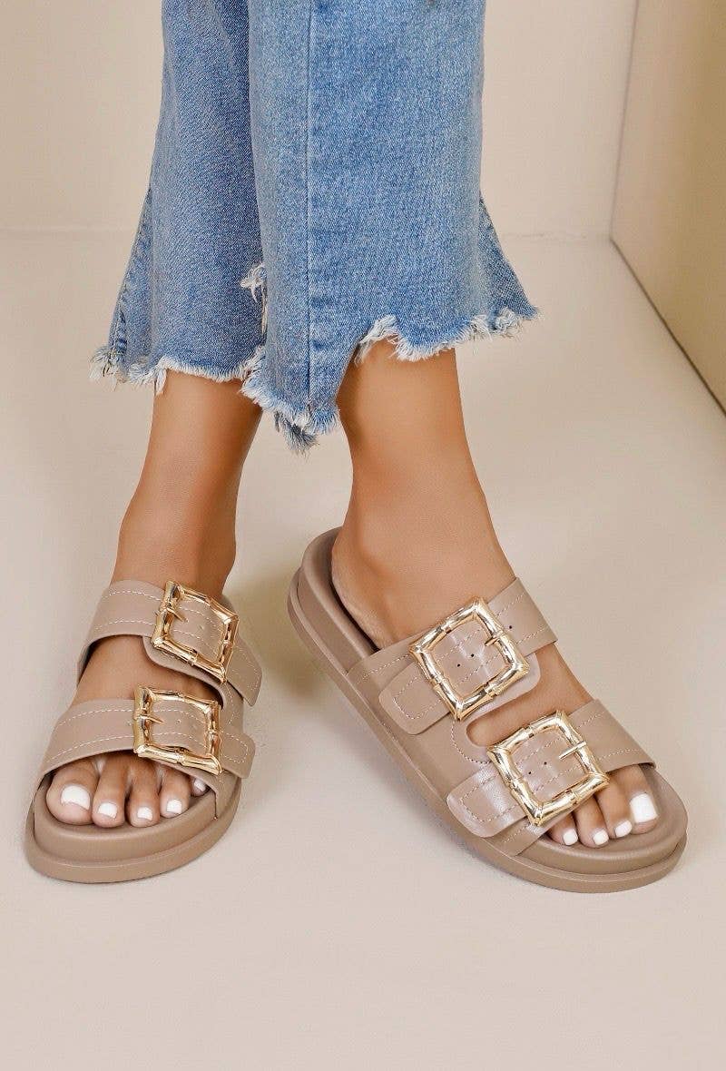 SLIP ON CHUNKY GOLD DETAILED BUCKLED DOUBLE STRAP SLIDERS