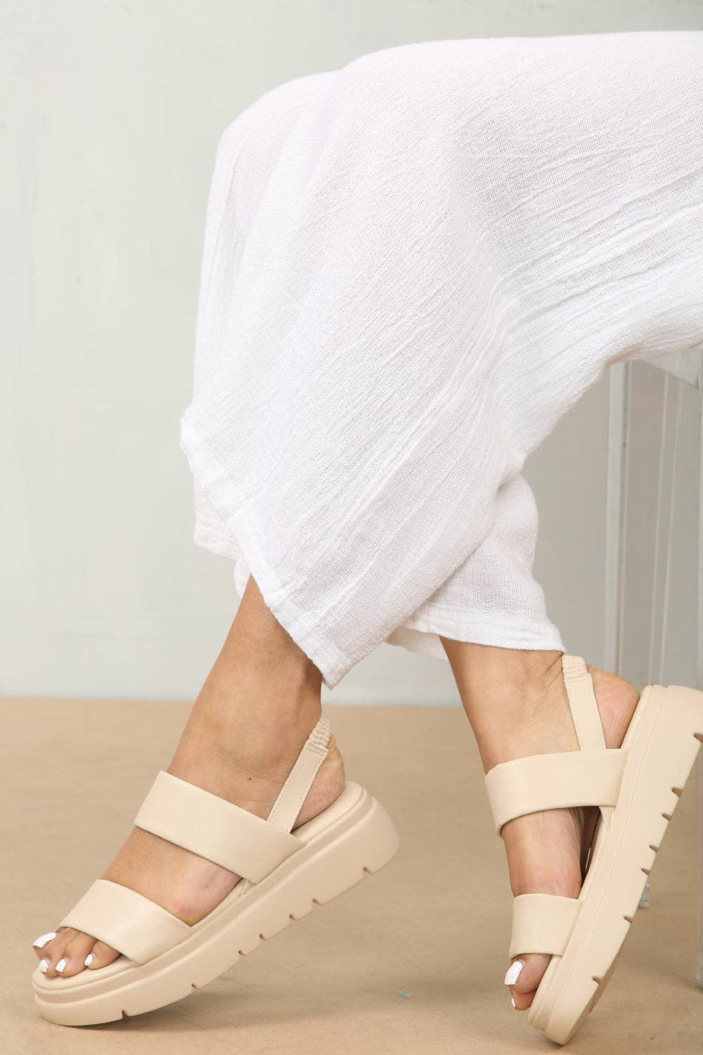 Double Strap Slingback Cream Chunky Sandals