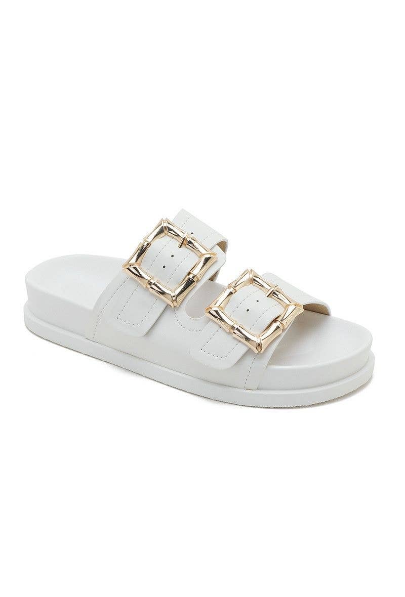 SLIP ON CHUNKY GOLD DETAILED BUCKLED DOUBLE STRAP SLIDERS