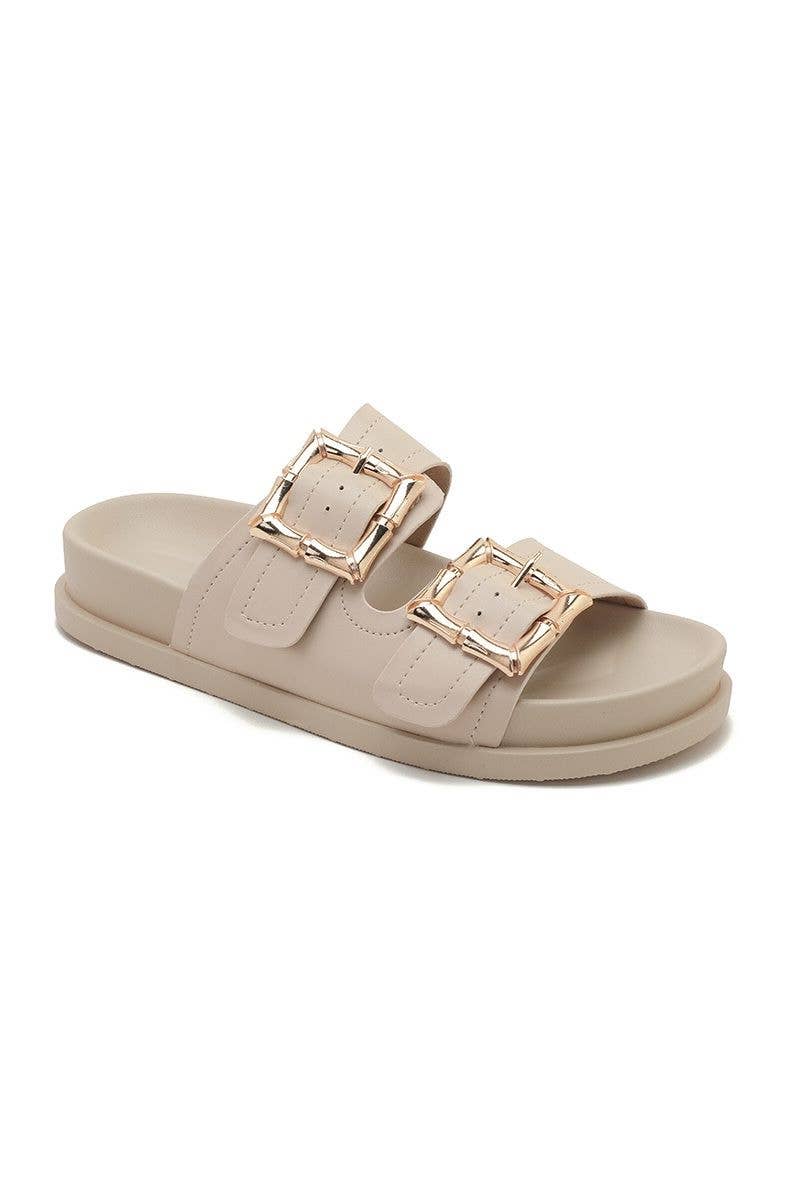 SLIP ON CHUNKY GOLD DETAILED BUCKLED DOUBLE STRAP SLIDERS