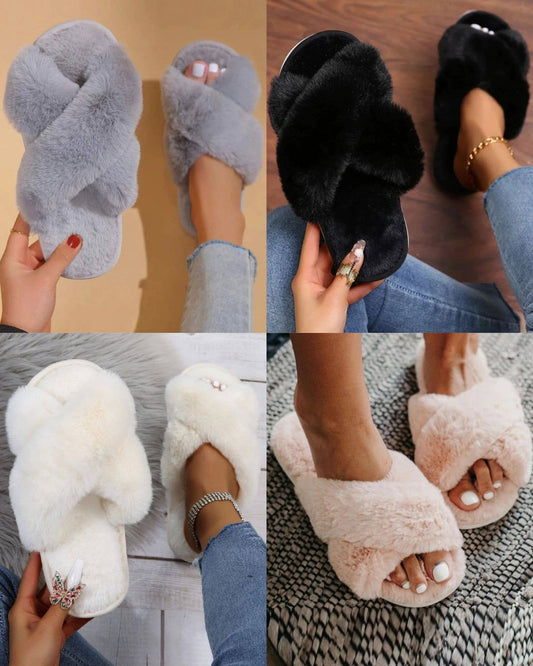 WOMENS CROSSOVER SNUG FAUX FUR SLIPPERS