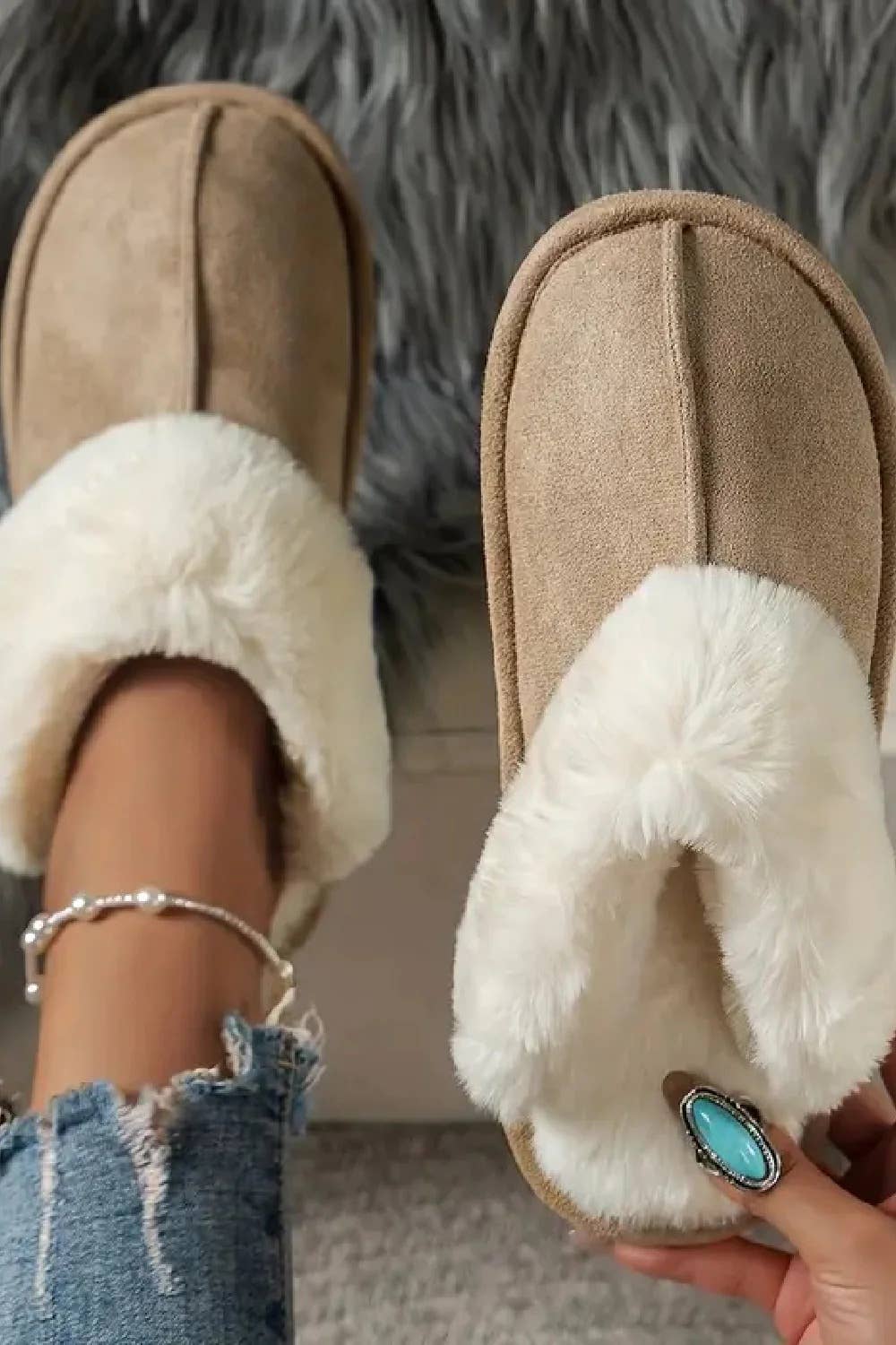 KHAKI SUEDE FAUX FUR LINED FLAT COZY SLIPPERS