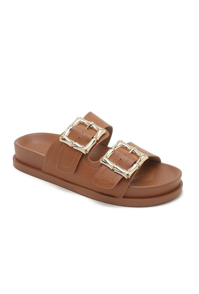 SLIP ON CHUNKY GOLD DETAILED BUCKLED DOUBLE STRAP SLIDERS