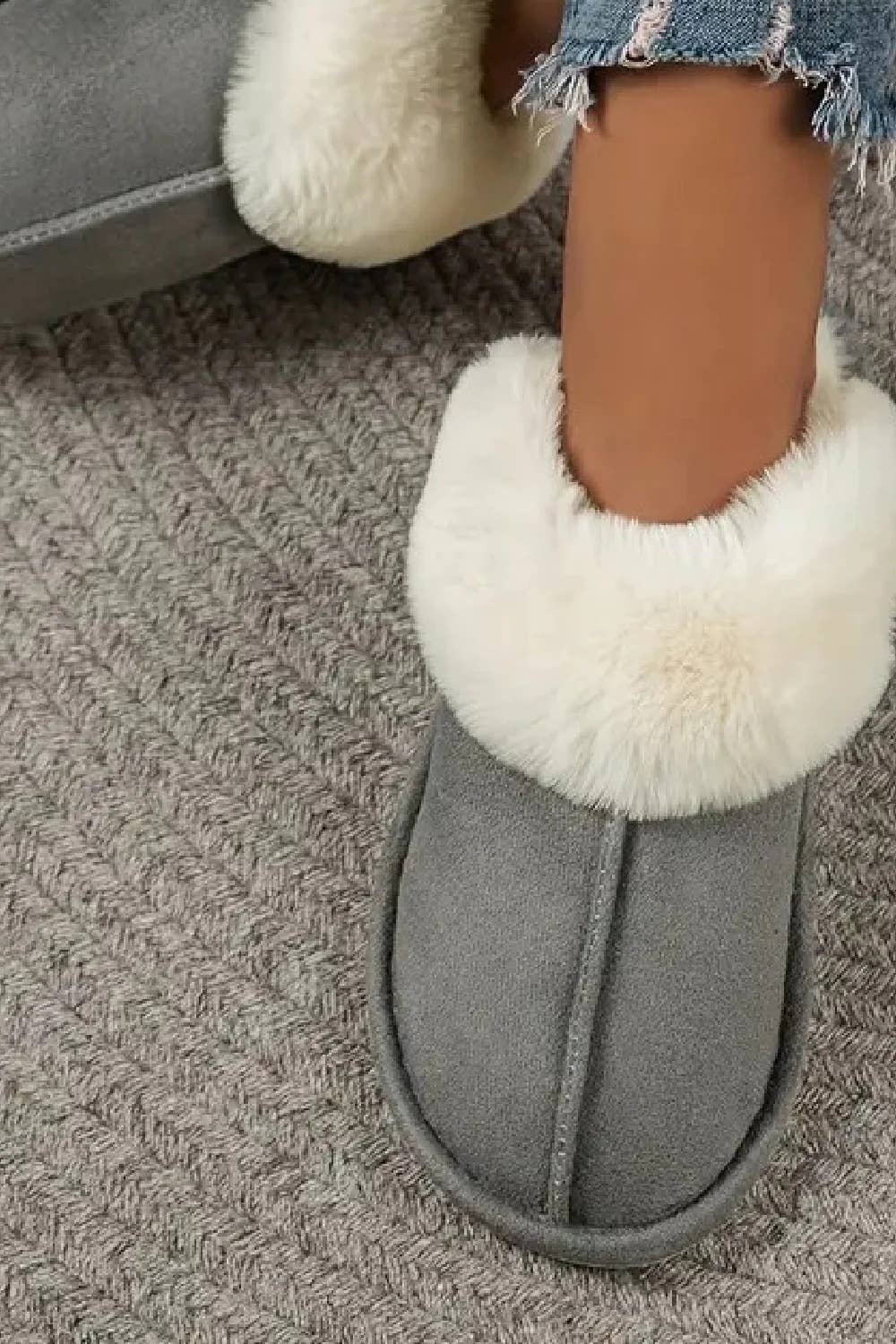 GREY SUEDE FAUX FUR LINED FLAT COZY SLIPPERS