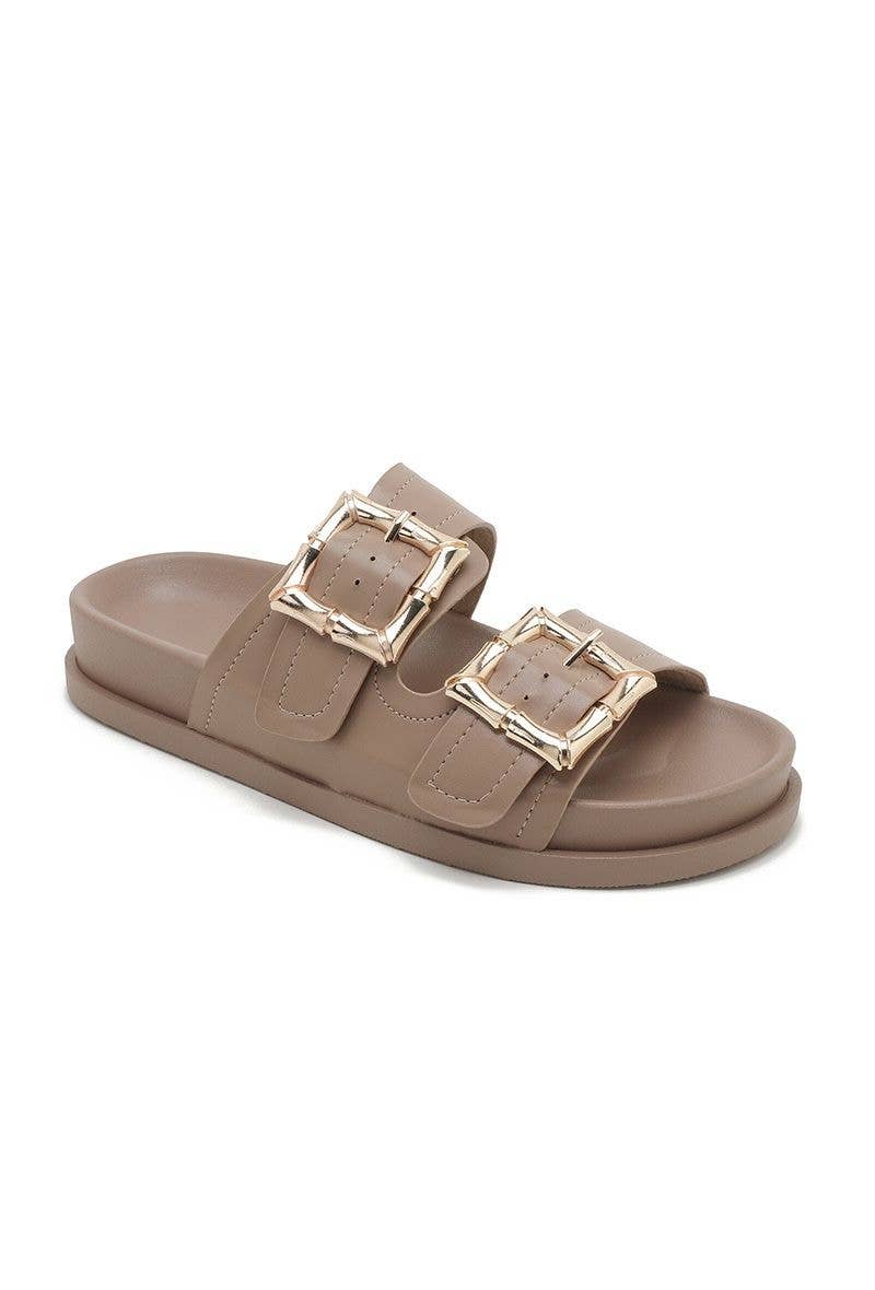 SLIP ON CHUNKY GOLD DETAILED BUCKLED DOUBLE STRAP SLIDERS