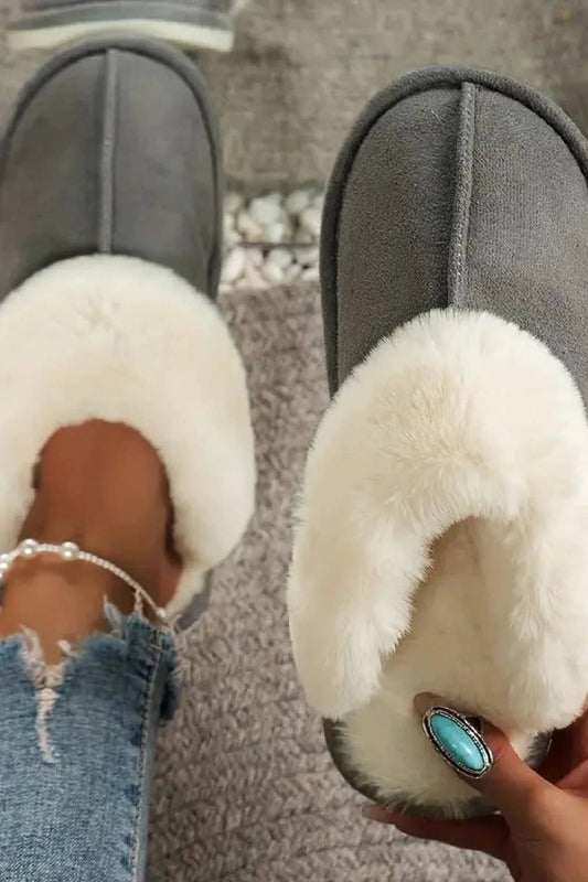 GREY SUEDE FAUX FUR LINED FLAT COZY SLIPPERS