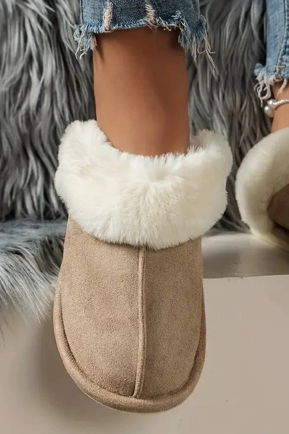 KHAKI SUEDE FAUX FUR LINED FLAT COZY SLIPPERS