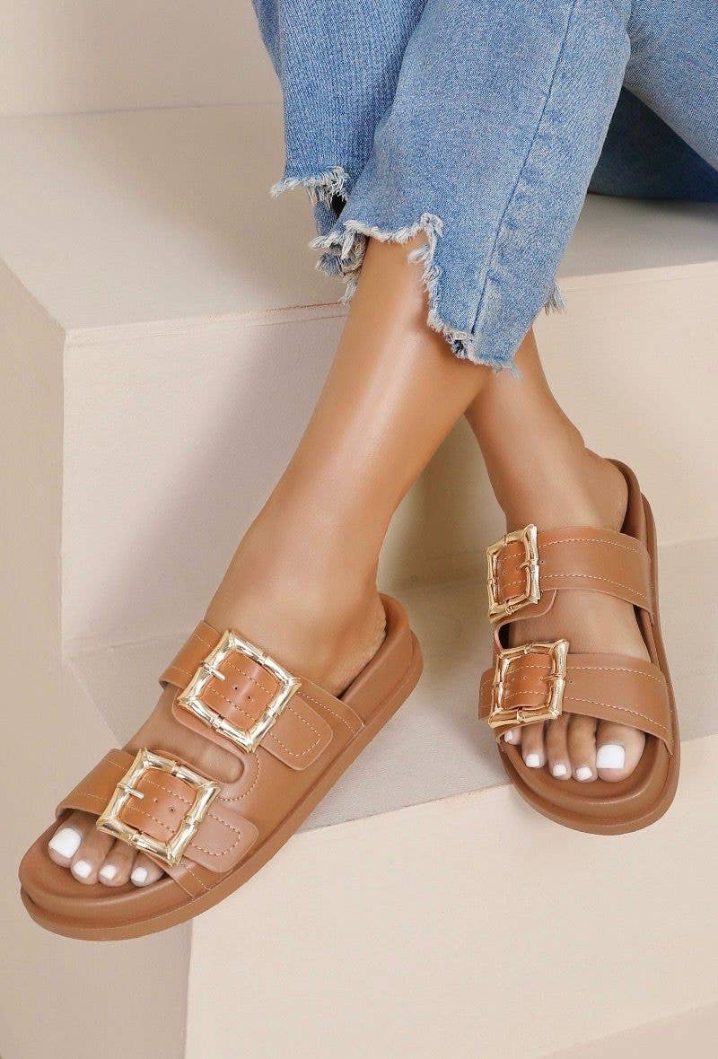 SLIP ON CHUNKY GOLD DETAILED BUCKLED DOUBLE STRAP SLIDERS