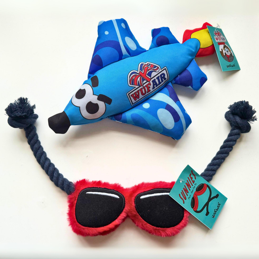 WufWuf Pilot Plush & Rope Dog Toy Bundle: Plane, Sunglasses