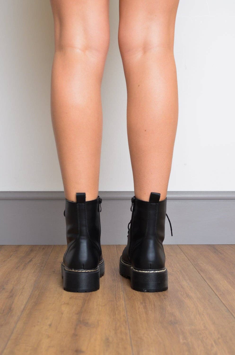 Black PU Contrast Stitch Chunky Ankle Boots